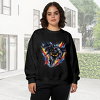 Women's crewneck sweatshirt worn outside, with the camera facing the graphic of a winged masked figure bursting through jagged multicolored paint strokes