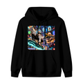 Two hoverboard riders surrounded by luminous portals shown on the front of a men's hoodie in a standalone product shot