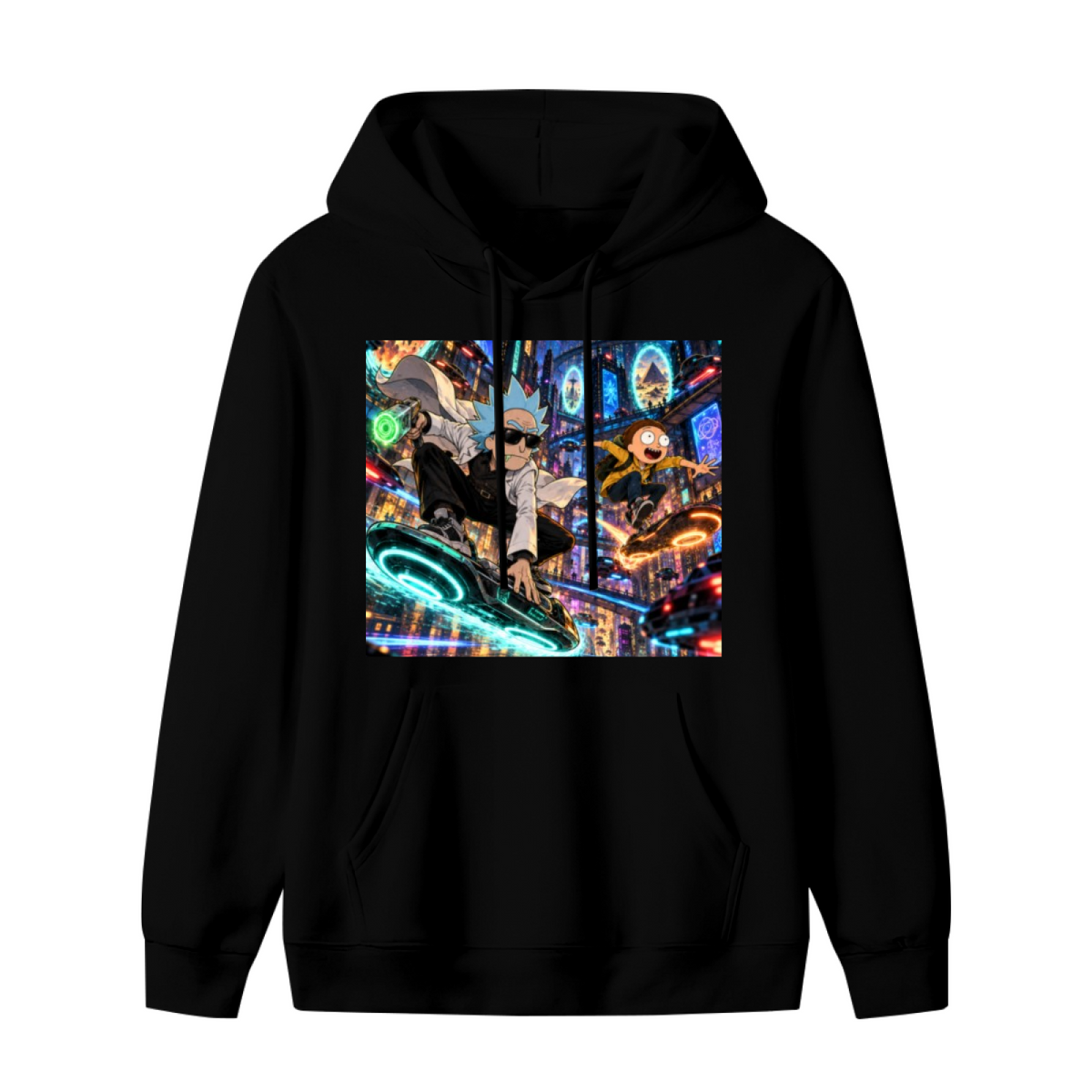 Two hoverboard riders surrounded by luminous portals shown on the front of a men's hoodie in a standalone product shot