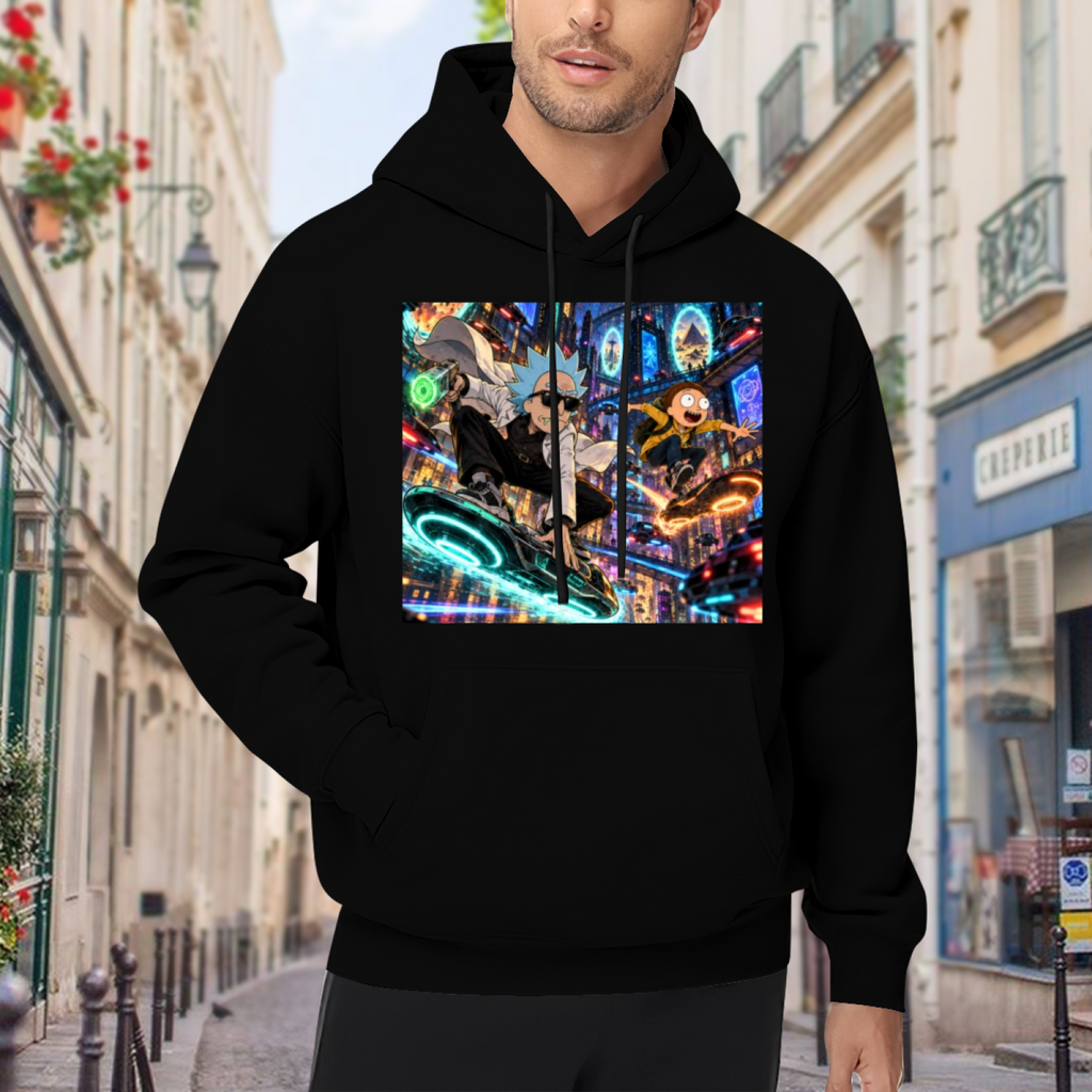 Outdoor photograph of a model in a men's hoodie bearing two hoverboard riders surrounded by luminous portals
