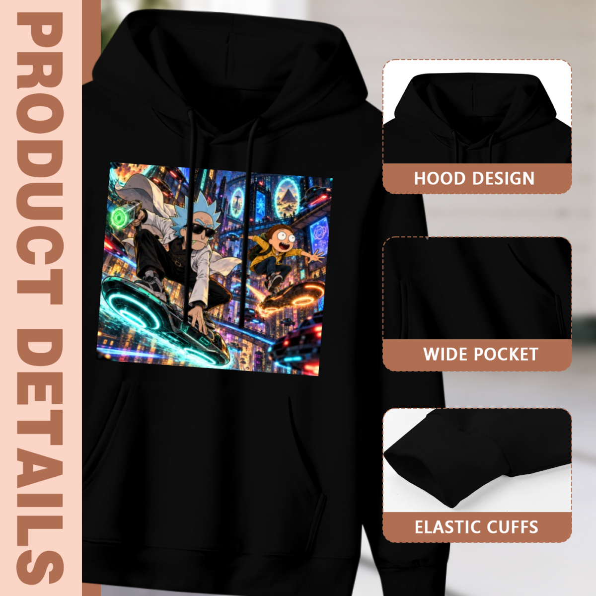 Hood, pouch pocket and sleeve-cuff detail images accompanying the men's Hoverboard Portal Circuit hoodie