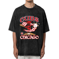 Front view of a dark washed graphic T-shirt featuring Grateful Dead dancing bear baseball illustration