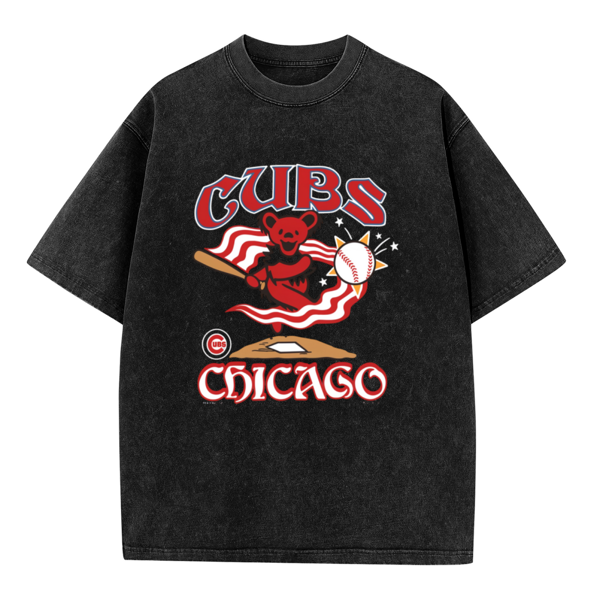 Product image of a washed graphic T-shirt featuring Grateful Dead dancing bear baseball illustration