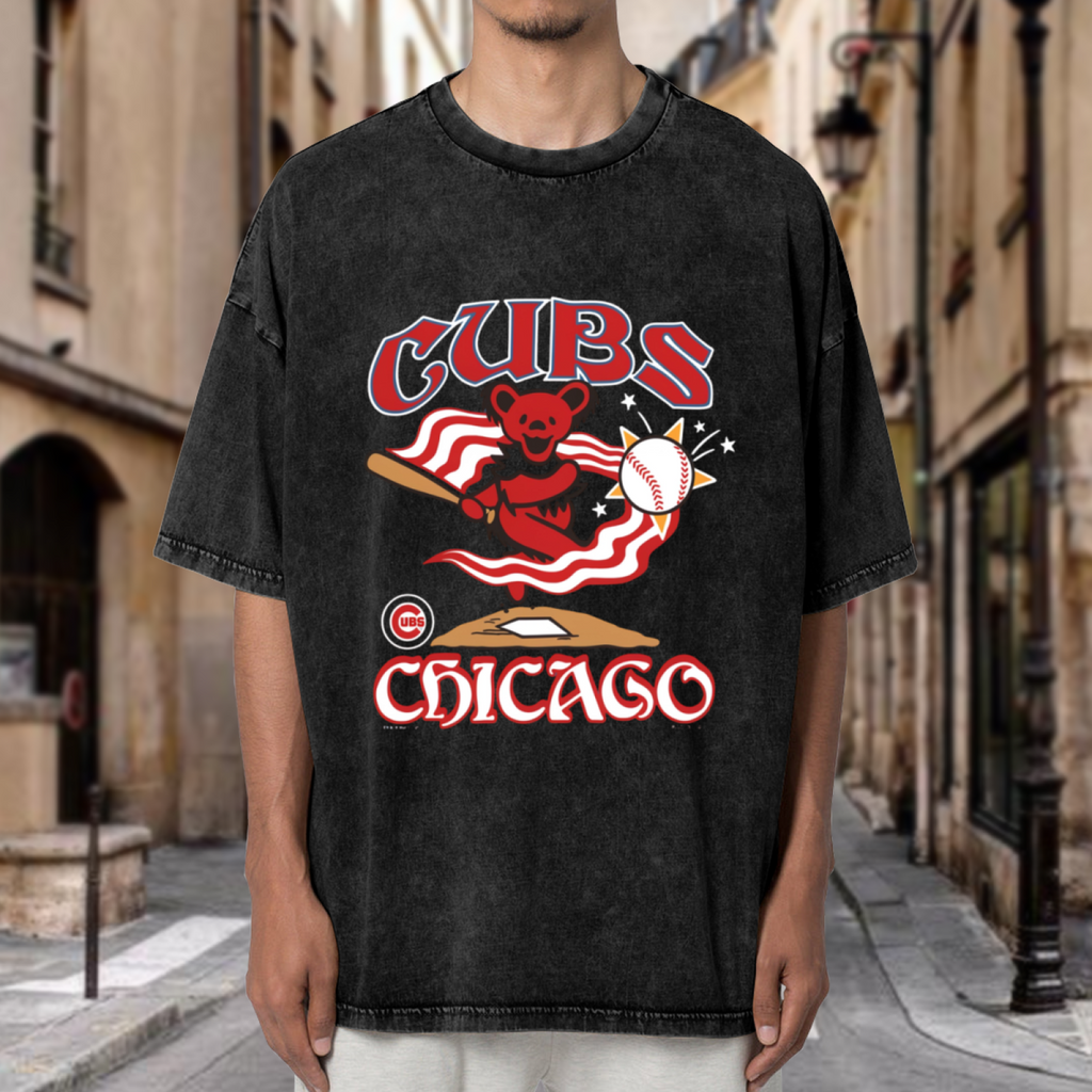Product image of a washed graphic T-shirt featuring Grateful Dead dancing bear baseball illustration