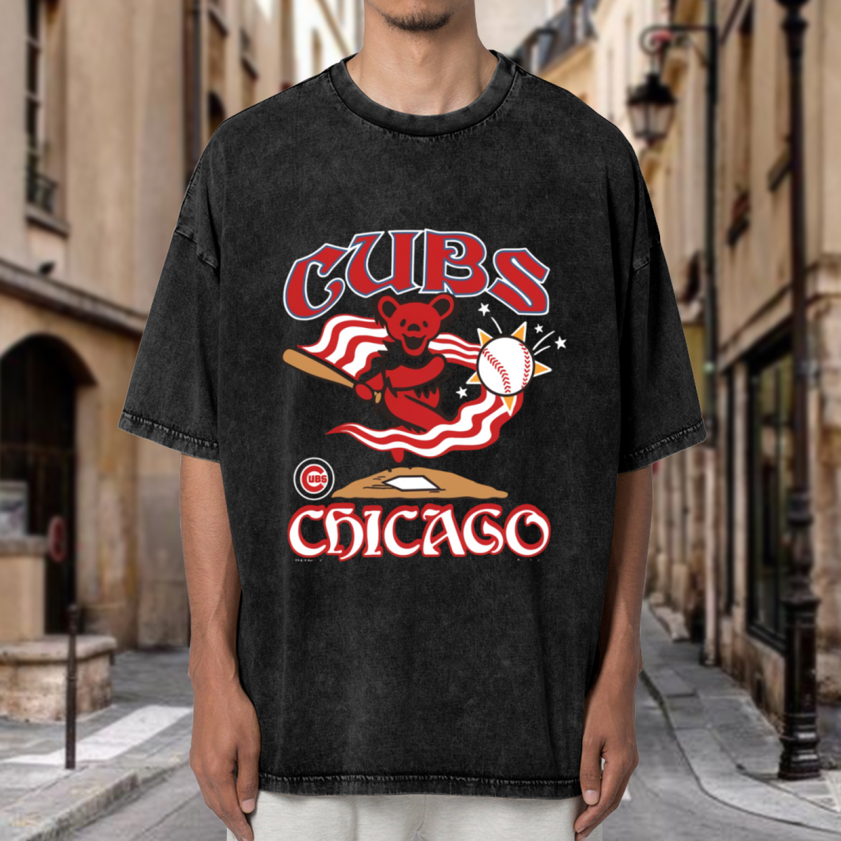 Product image of a washed graphic T-shirt featuring Grateful Dead dancing bear baseball illustration