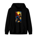 Men's hoodie photographed alone, with a charging caped figure framed by a bright sunburst on the front