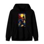Men's hoodie photographed alone, with a charging caped figure framed by a bright sunburst on the front