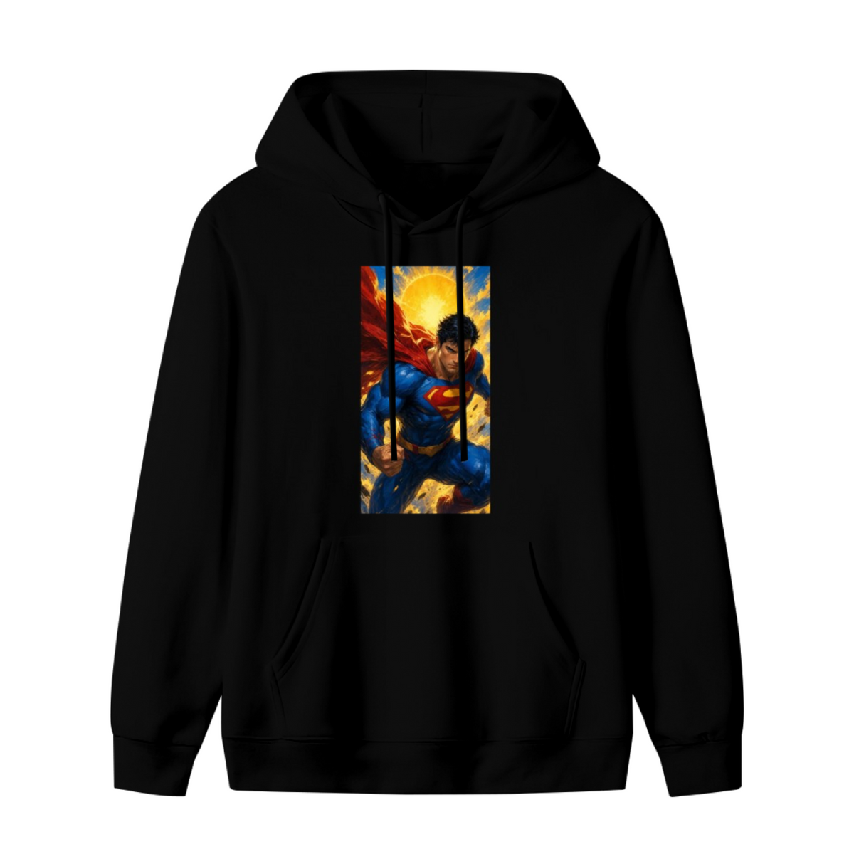 Men's hoodie photographed alone, with a charging caped figure framed by a bright sunburst on the front