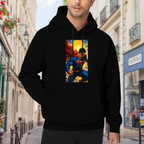 Lifestyle image outdoors: men's hoodie with a front graphic of a charging caped figure framed by a bright sunburst