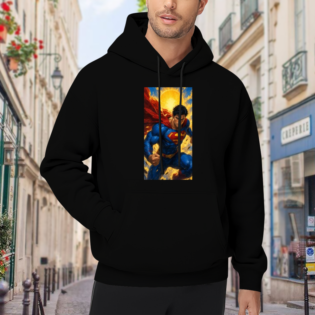 Lifestyle image outdoors: men's hoodie with a front graphic of a charging caped figure framed by a bright sunburst