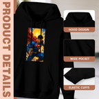 Feature collage for the men's Caped Charge at Daybreak hoodie: hood shape, pouch pocket and cuff finishing