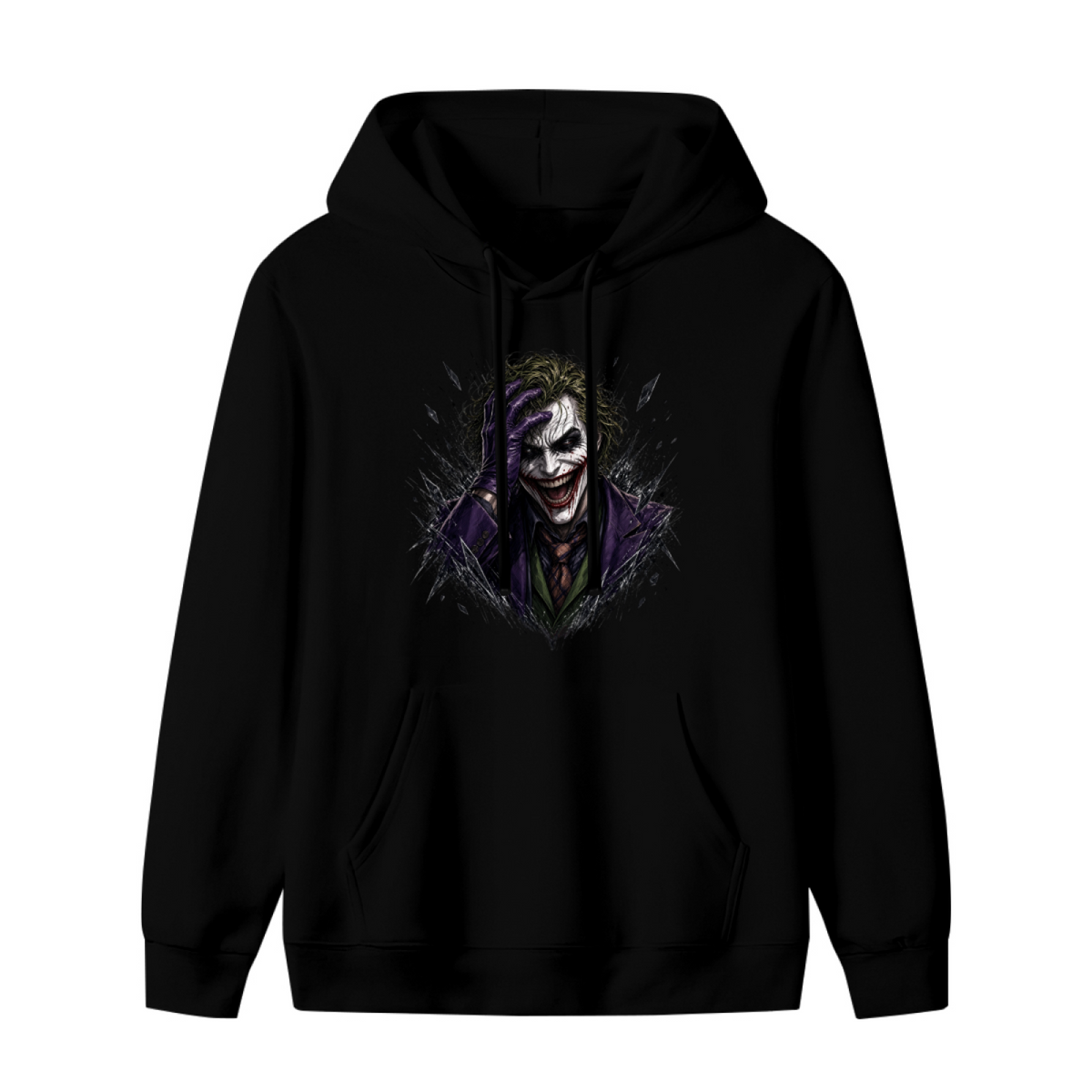 Unworn women's hoodie, front view of the design depicting a grinning clown portrait framed by rough dark strokes