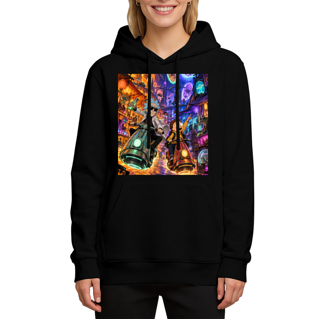 Front-facing model wearing a women's hoodie decorated with two scooter riders traveling through a neon-lit portal scene