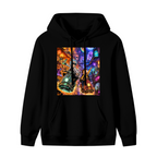 Two scooter riders traveling through a neon-lit portal scene shown on the front of a women's hoodie in a standalone product shot