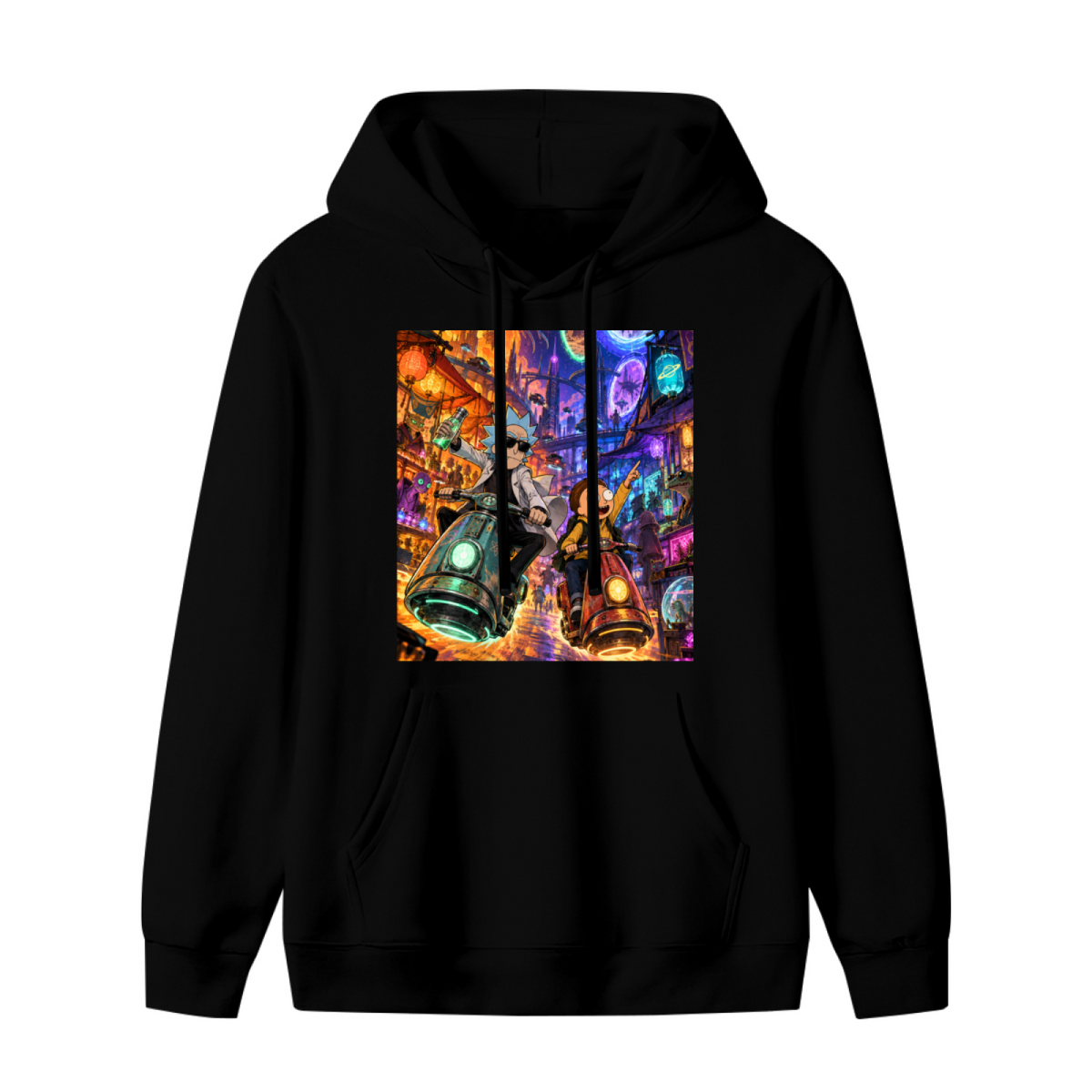 Two scooter riders traveling through a neon-lit portal scene shown on the front of a women's hoodie in a standalone product shot