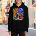 Outdoor photograph of a model in a women's hoodie bearing two scooter riders traveling through a neon-lit portal scene