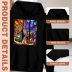Hood, pouch pocket and sleeve-cuff detail images accompanying the women's Cartoon Ride after Sunset hoodie