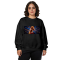 Studio photograph of a model in a women's crewneck sweatshirt showing a runner mid-stride in a wide panel of blue lightning