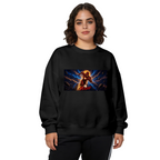 Studio photograph of a model in a women's crewneck sweatshirt showing a runner mid-stride in a wide panel of blue lightning