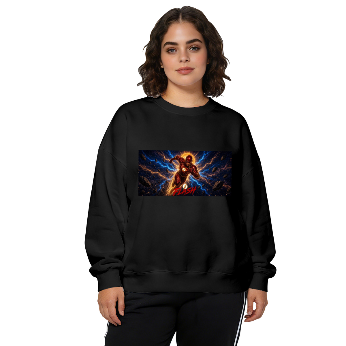 Studio photograph of a model in a women's crewneck sweatshirt showing a runner mid-stride in a wide panel of blue lightning