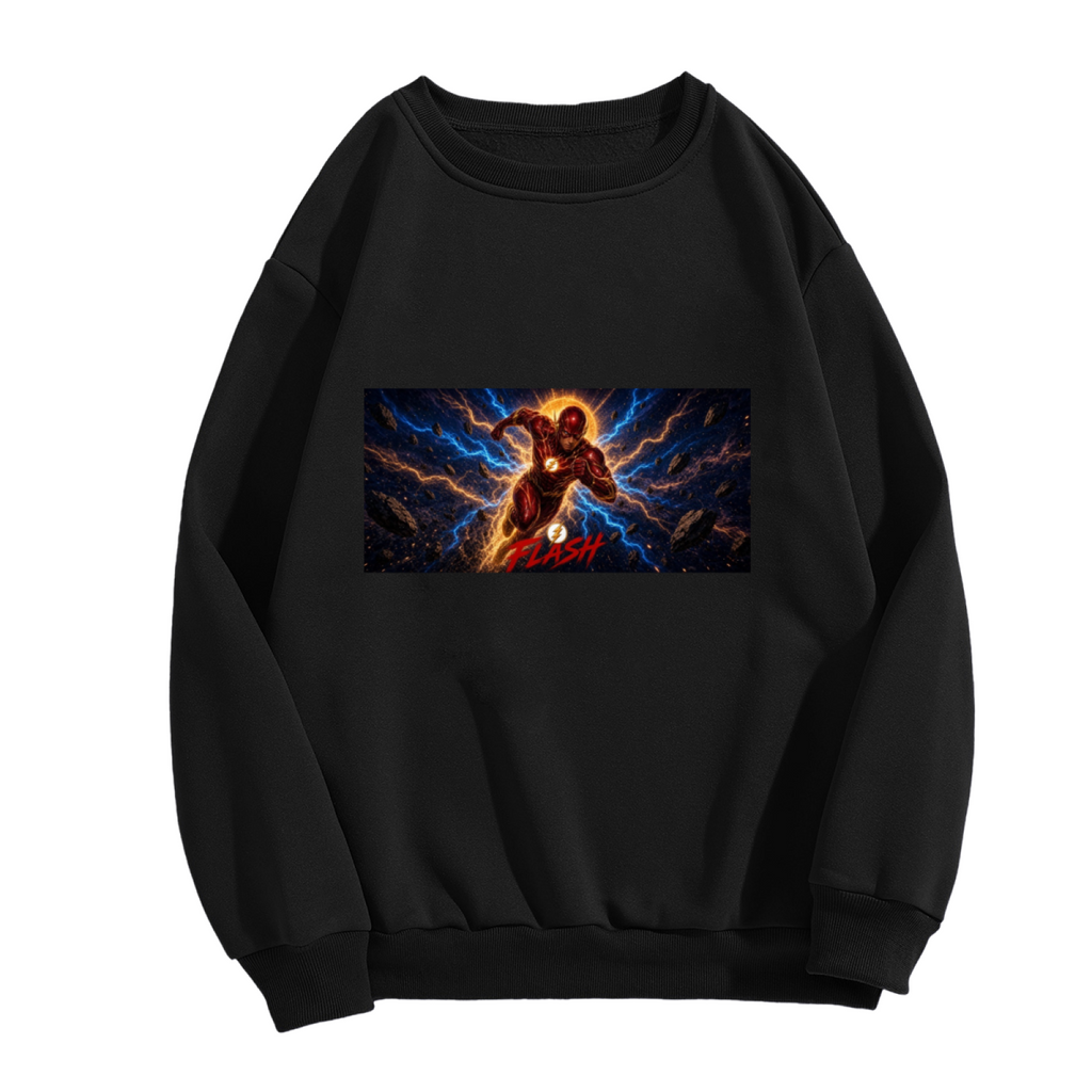 Standalone women's crewneck sweatshirt front displaying a graphic of a runner mid-stride in a wide panel of blue lightning