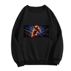 Standalone women's crewneck sweatshirt front displaying a graphic of a runner mid-stride in a wide panel of blue lightning