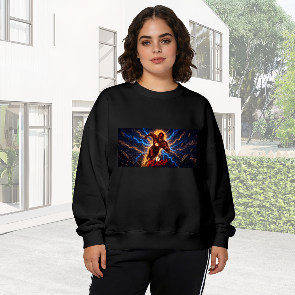 Women's crewneck sweatshirt worn outside, with the camera facing the graphic of a runner mid-stride in a wide panel of blue lightning