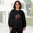 Women's crewneck sweatshirt worn outside, with the camera facing the graphic of a runner mid-stride in a wide panel of blue lightning