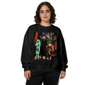 On-model product photo: women's crewneck sweatshirt bearing two travelers on a rainlit street beneath neon city signs
