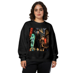 On-model product photo: women's crewneck sweatshirt bearing two travelers on a rainlit street beneath neon city signs