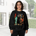 Lifestyle image outdoors: women's crewneck sweatshirt with a front graphic of two travelers on a rainlit street beneath neon city signs