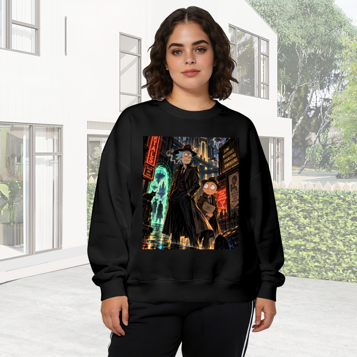 Lifestyle image outdoors: women's crewneck sweatshirt with a front graphic of two travelers on a rainlit street beneath neon city signs