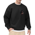 An armored warrior portrait with a fierce expression printed on a men's crewneck sweatshirt, shown in a front model photo