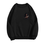 Unworn men's crewneck sweatshirt, front view of the design depicting an armored warrior portrait with a fierce expression