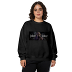 Women's crewneck sweatshirt seen on a model, its front graphic depicting a laughing suited figure in a horizontal lettered panel