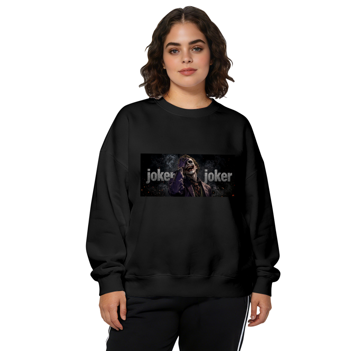 Women's crewneck sweatshirt seen on a model, its front graphic depicting a laughing suited figure in a horizontal lettered panel