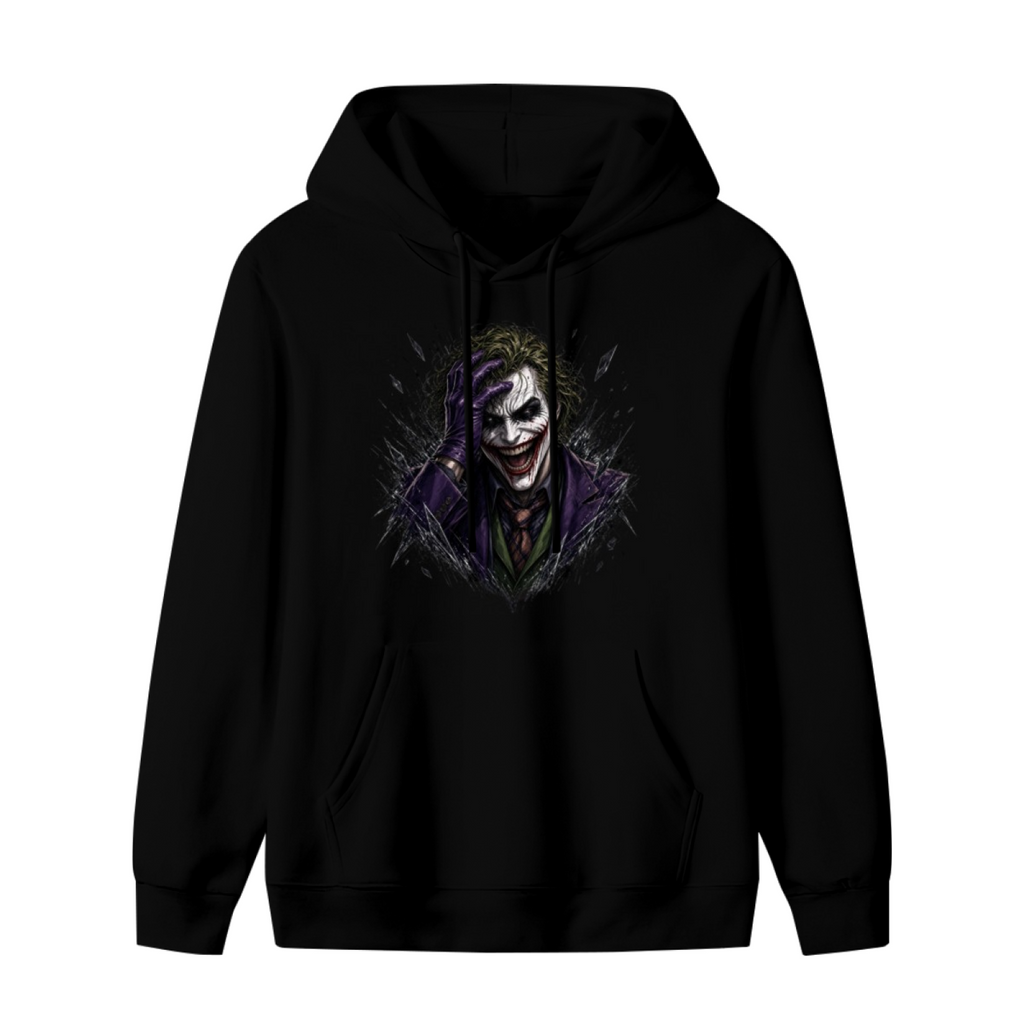 Standalone men's hoodie front displaying a graphic of a grinning clown portrait framed by rough dark strokes