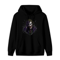 Standalone men's hoodie front displaying a graphic of a grinning clown portrait framed by rough dark strokes