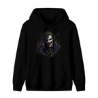Standalone men's hoodie front displaying a graphic of a grinning clown portrait framed by rough dark strokes