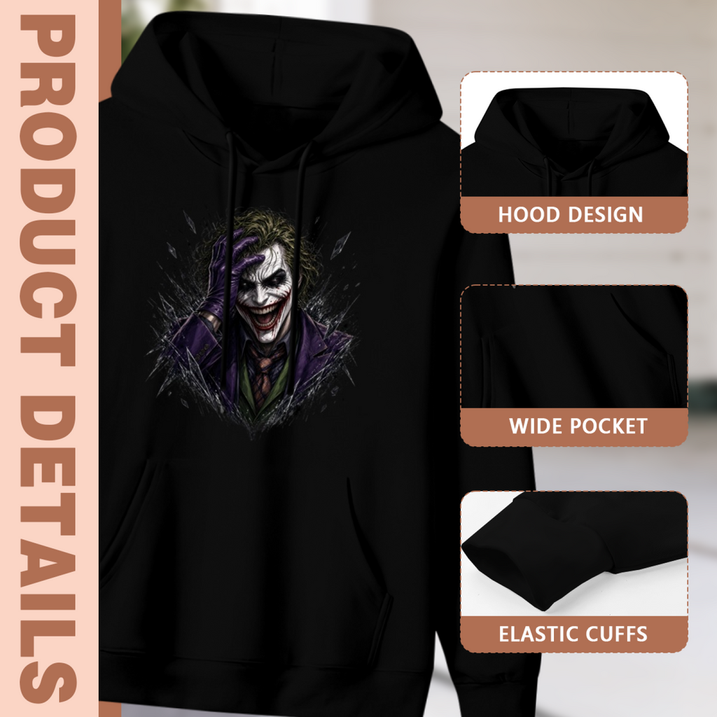 Construction-detail card for the men's Grinning Face in Shadow hoodie, including the hood, front pouch and cuff edges