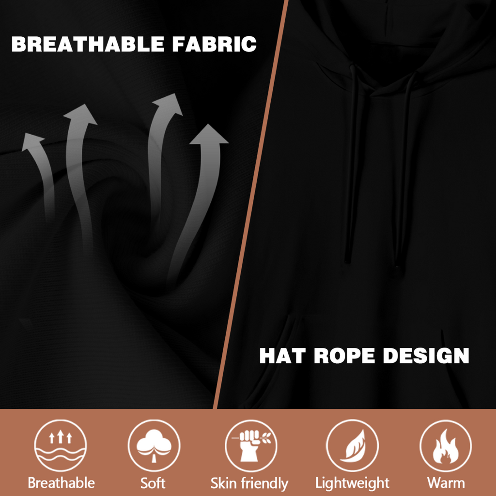 Drawstring close-up and fabric illustration with feature icons for the men's Grinning Face in Shadow hoodie