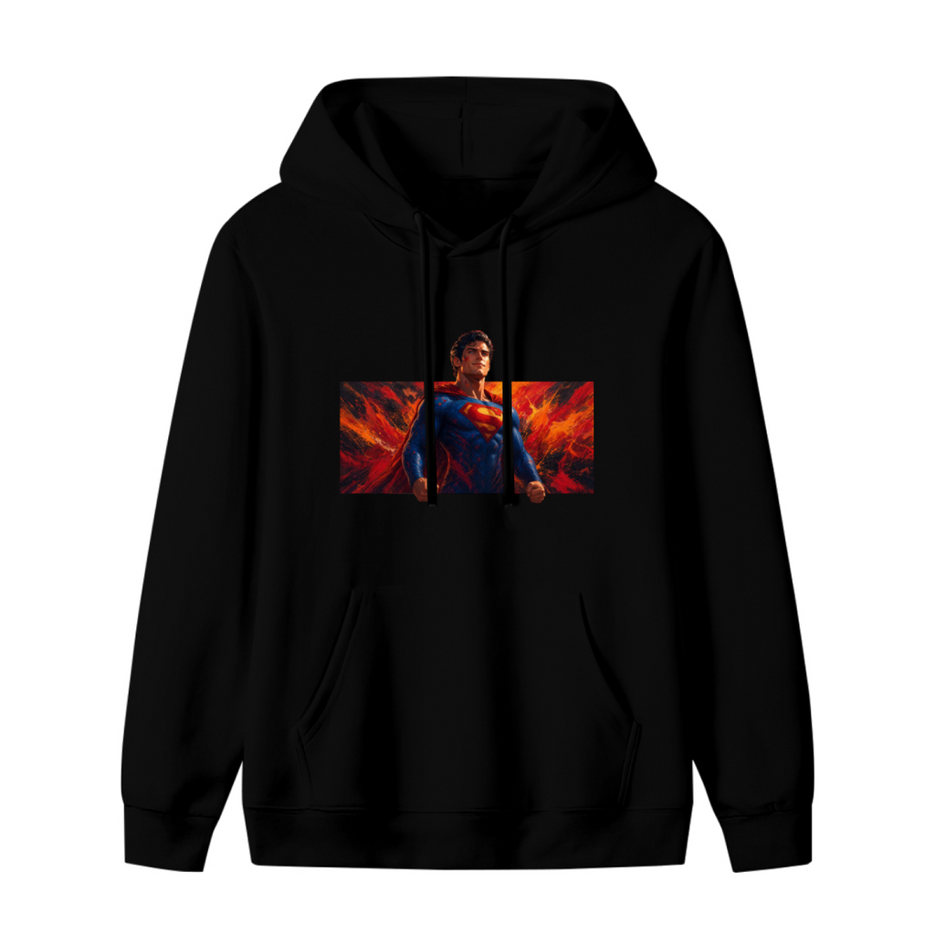 A caped figure in a wide portrait framed by flame-like color shown on the front of a women's hoodie in a standalone product shot