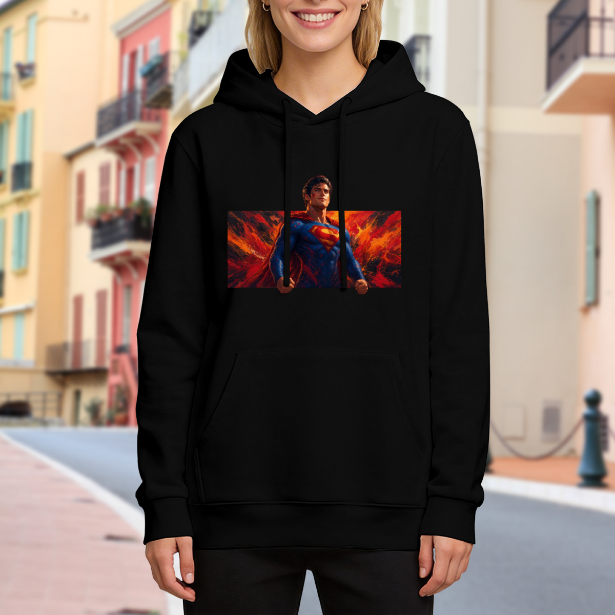 Outdoor photograph of a model in a women's hoodie bearing a caped figure in a wide portrait framed by flame-like color