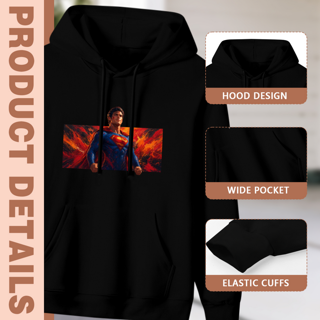 Hood, pouch pocket and sleeve-cuff detail images accompanying the women's A Figure in Warm Firelight hoodie