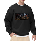 Men's crewneck sweatshirt seen on a model, its front graphic depicting animal figures gathered around a banquet table in a candlelit Gothic hall