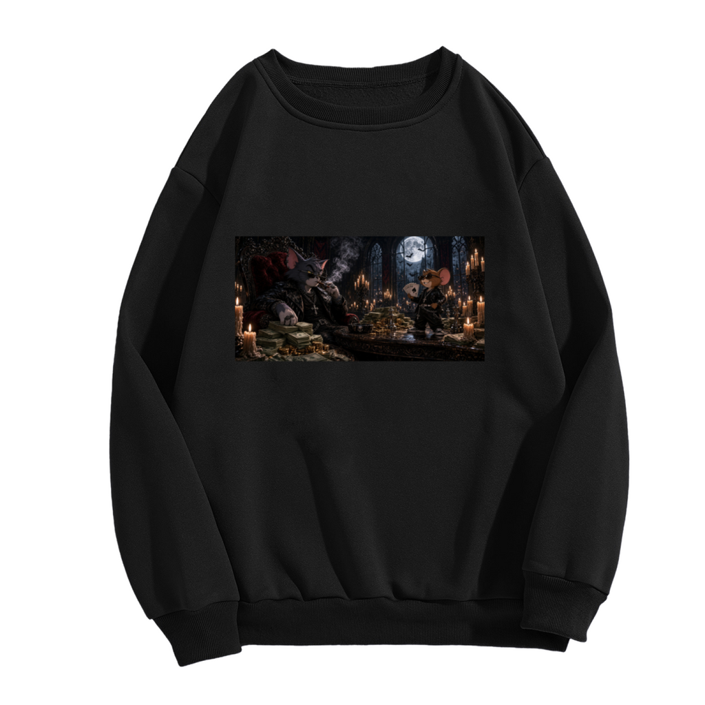 Front garment photograph: men's crewneck sweatshirt decorated with animal figures gathered around a banquet table in a candlelit Gothic hall