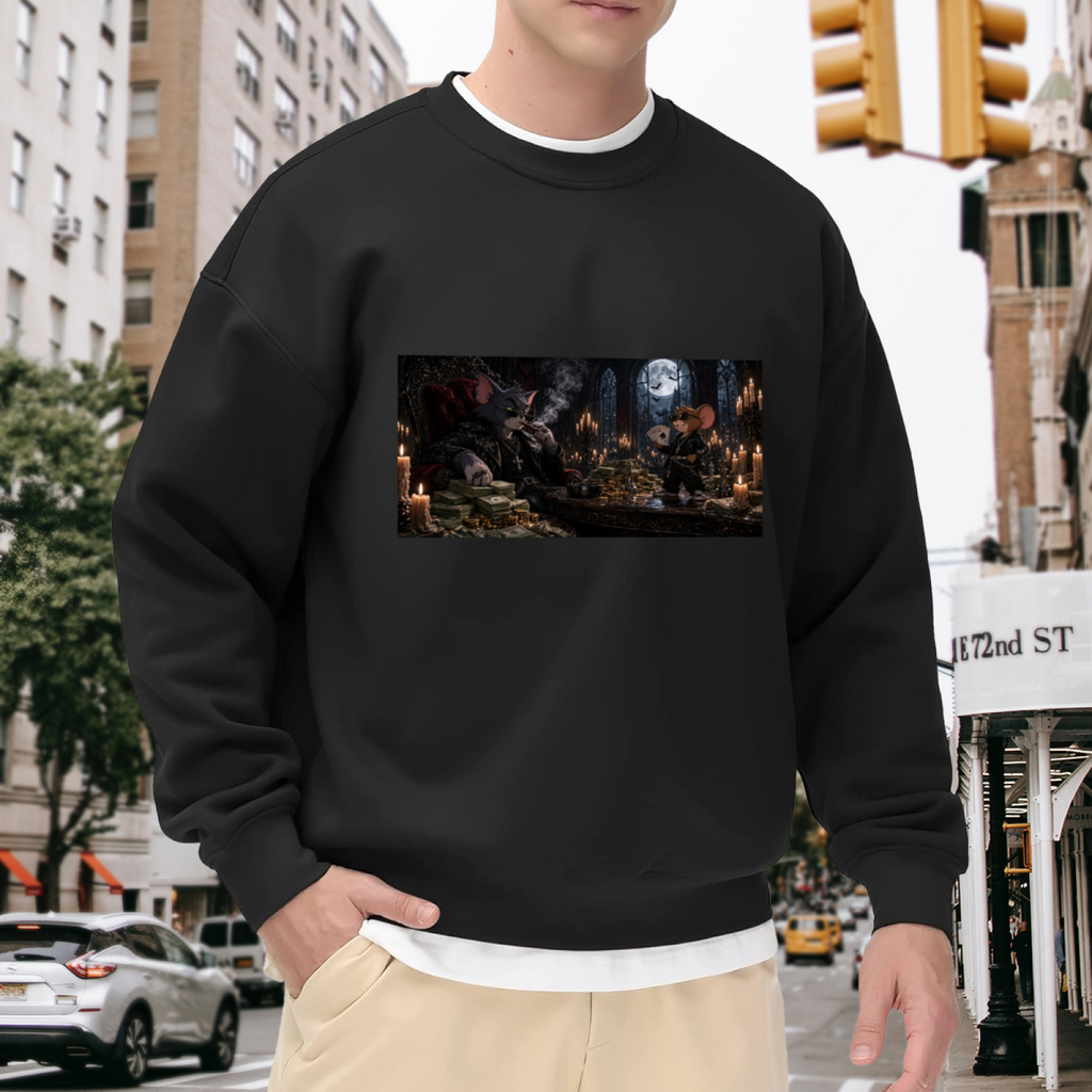 Animal figures gathered around a banquet table in a candlelit Gothic hall visible on a men's crewneck sweatshirt in an outdoor front model view