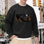 Animal figures gathered around a banquet table in a candlelit Gothic hall visible on a men's crewneck sweatshirt in an outdoor front model view