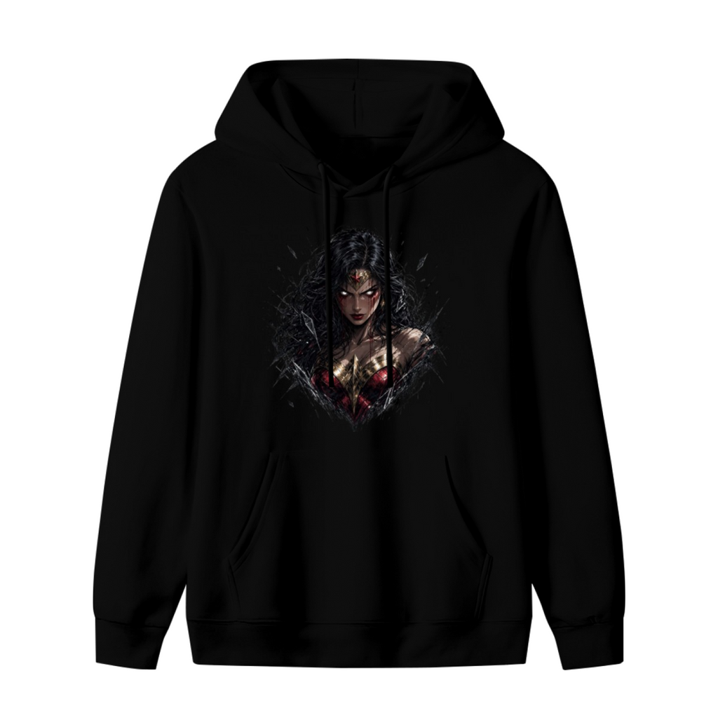 Front garment photograph: men's hoodie decorated with an armored warrior portrait with a fierce expression