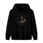 Front garment photograph: men's hoodie decorated with an armored warrior portrait with a fierce expression